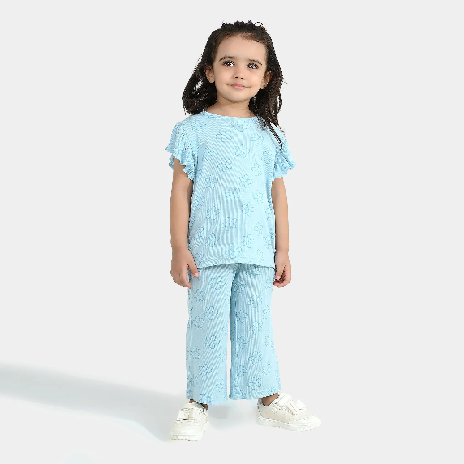 Girls Cotton Baby Rib 2 Piece Suit Flowers-Blue - Image 4
