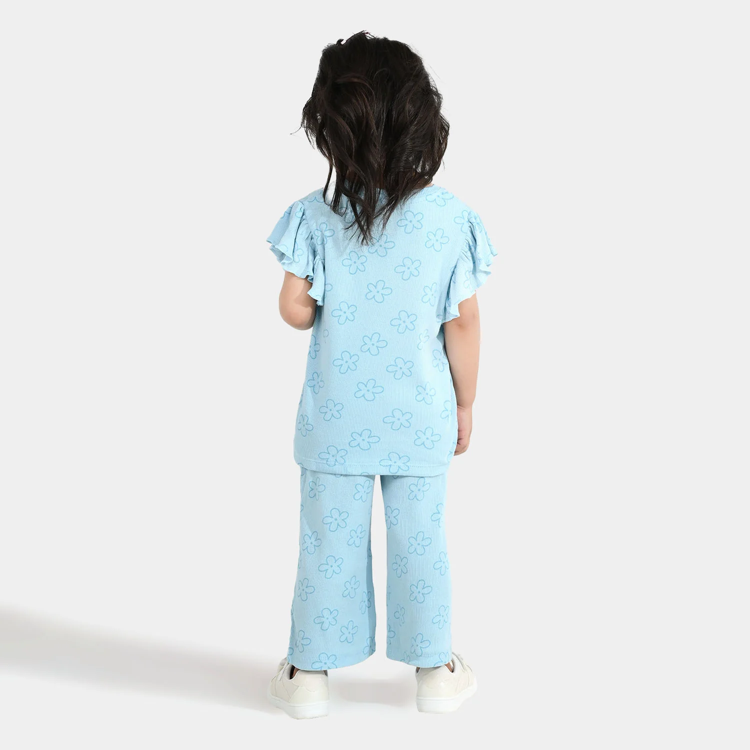 Girls Cotton Baby Rib 2 Piece Suit Flowers-Blue - Image 5