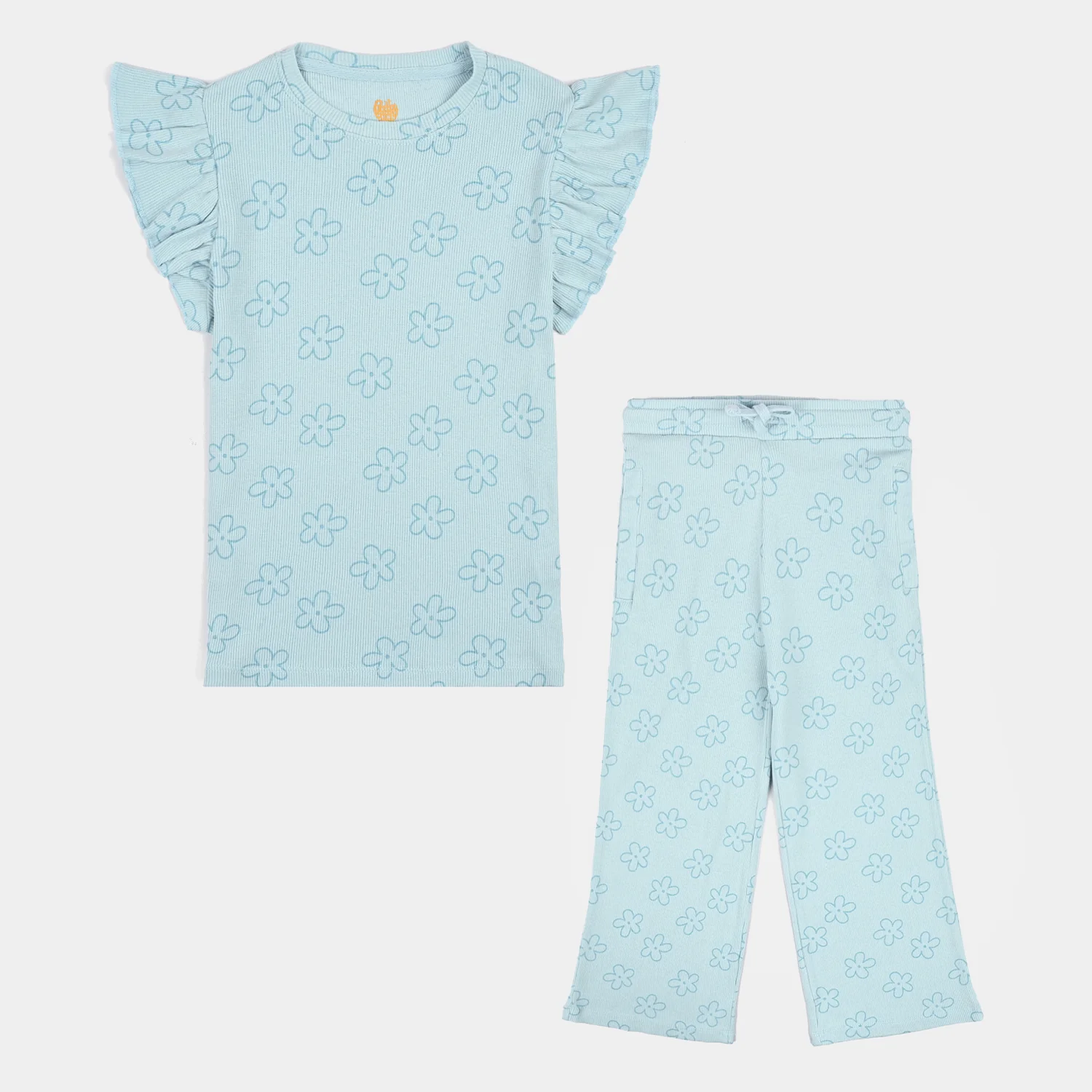 Girls Cotton Baby Rib 2 Piece Suit Flowers-Blue - Image 6