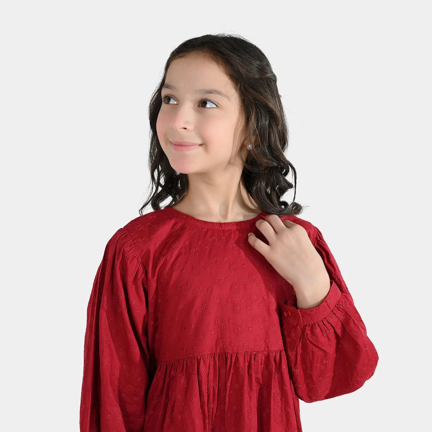 Girls Cotton Casual Frock Salsa- Red - Image 2