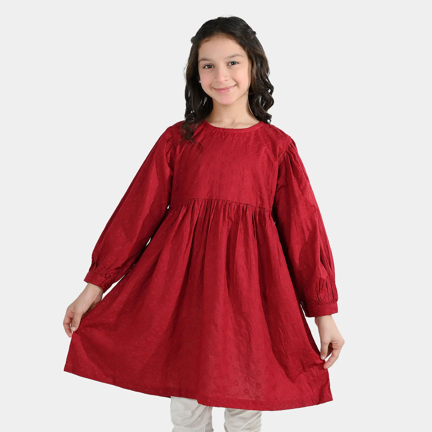Girls Cotton Casual Frock Salsa- Red - Image 3