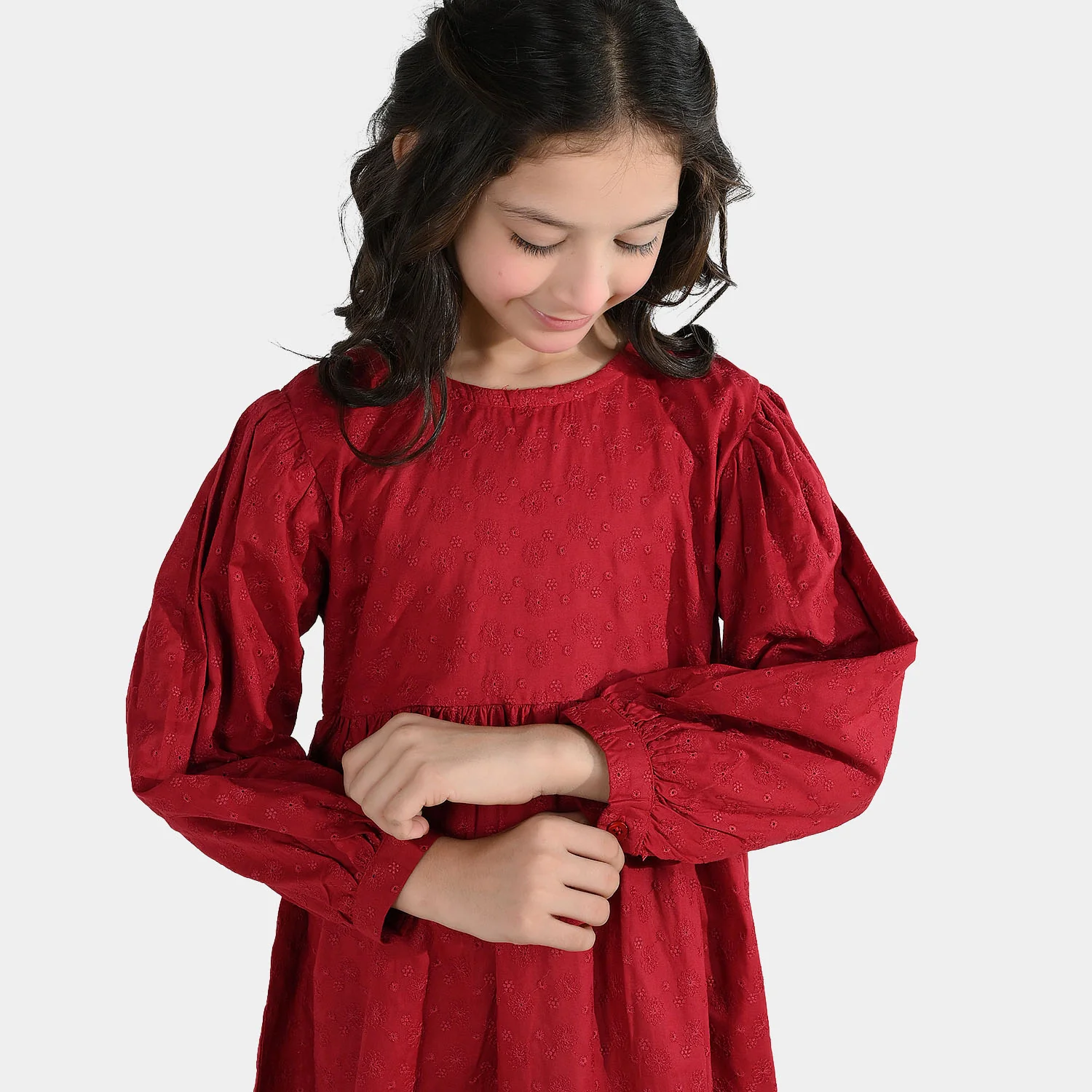 Girls Cotton Casual Frock Salsa- Red - Image 4