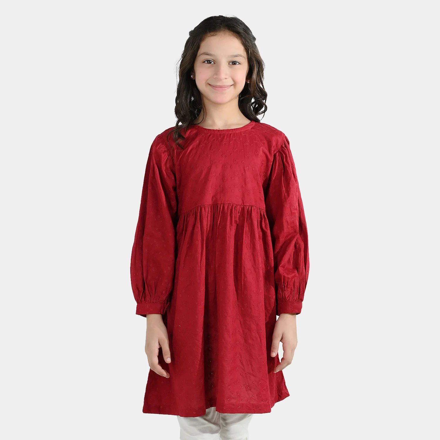 Girls Cotton Casual Frock Salsa- Red - Image 5