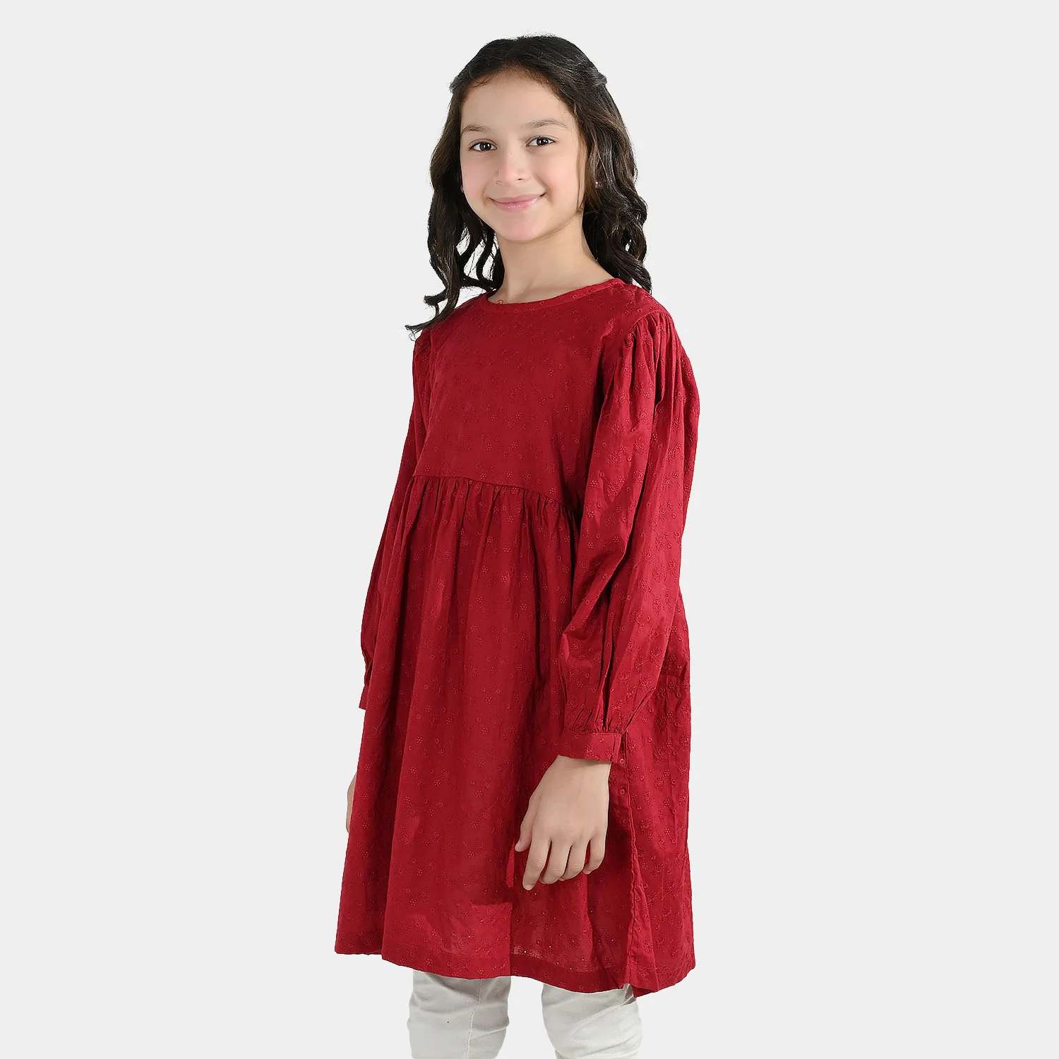 Girls Cotton Casual Frock Salsa- Red - Image 6