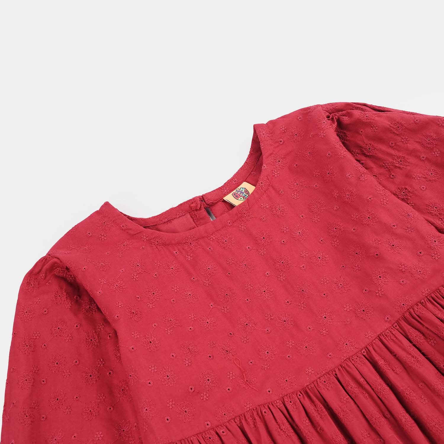 Girls Cotton Casual Frock Salsa- Red - Image 9