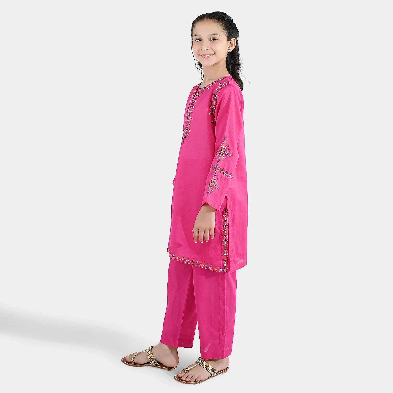 Girls Cotton Emb 2Pcs Naaz- Bright Pink - Image 2