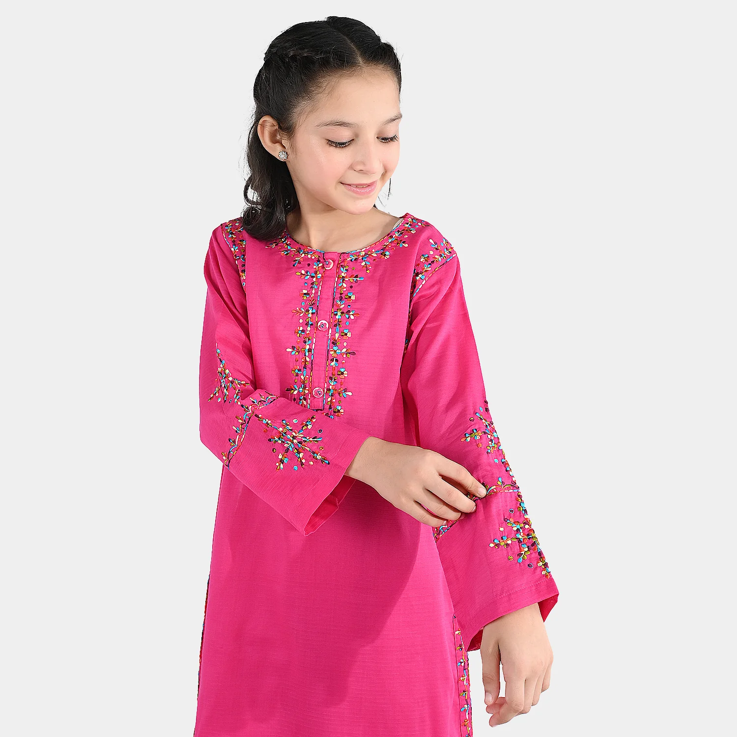 Girls Cotton Emb 2Pcs Naaz- Bright Pink - Image 3