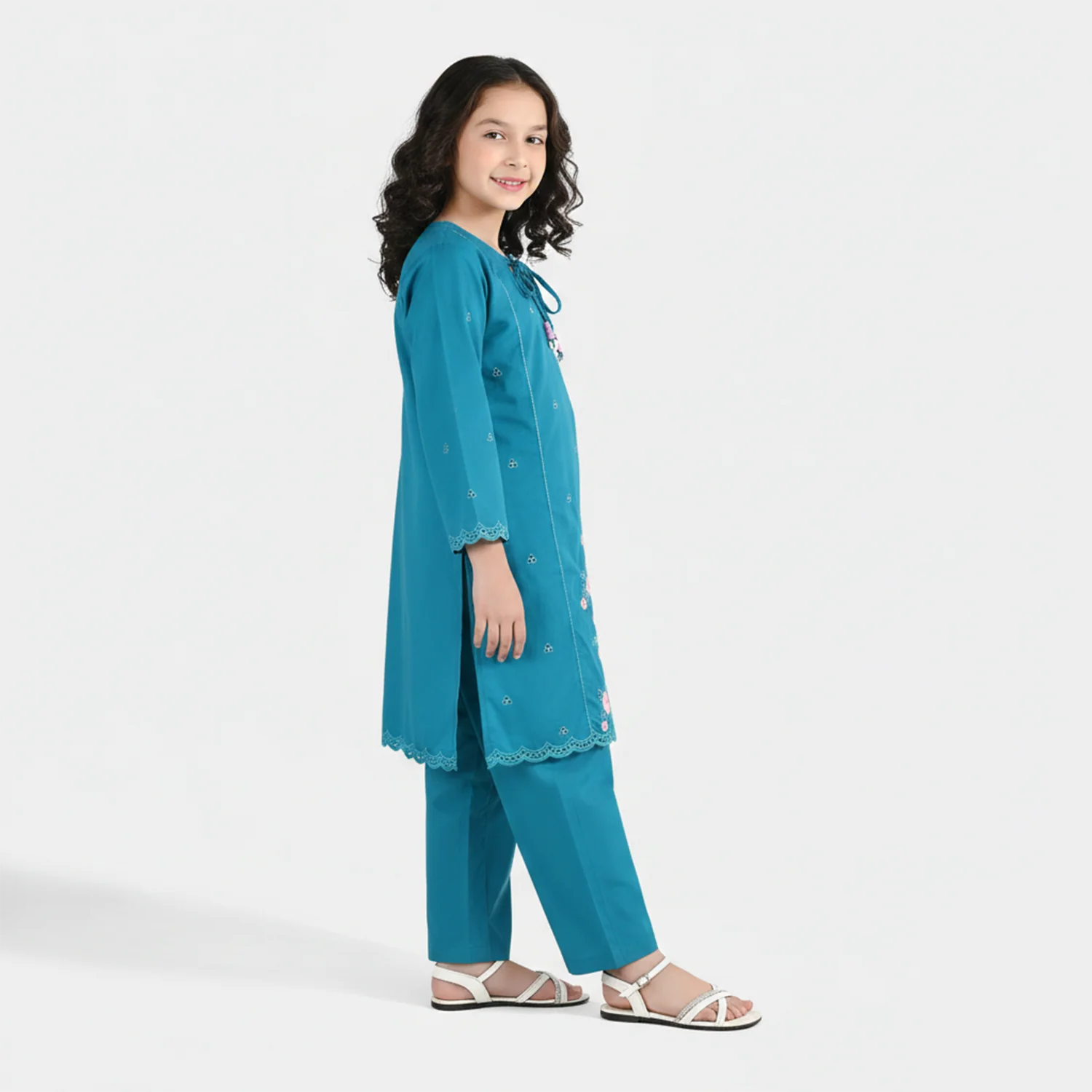 Girls Cotton Embroidery 2Pcs (Safa) - Turquoise - Image 2