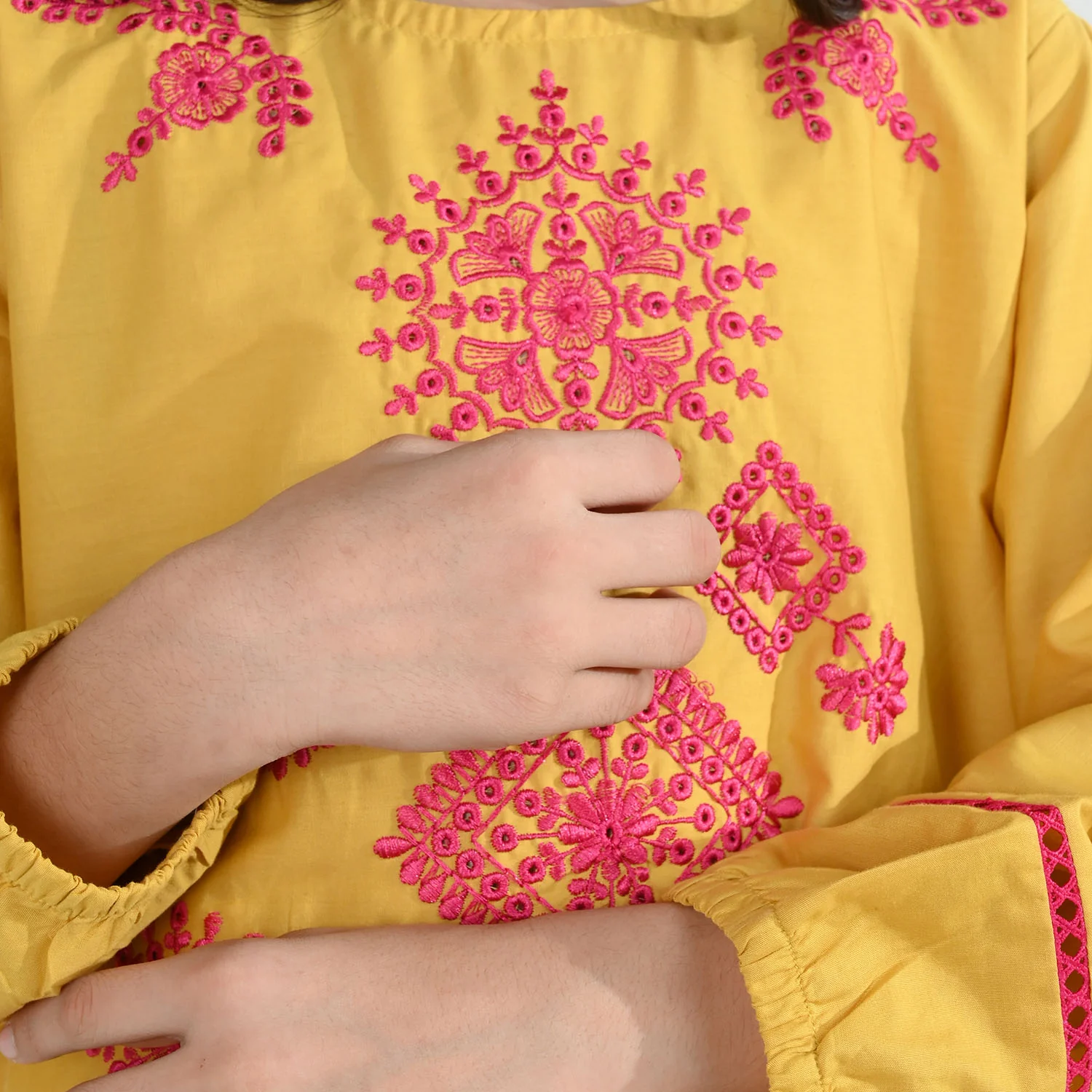 Girls Cotton Emb Kurti Nagma-Mustard - Image 3