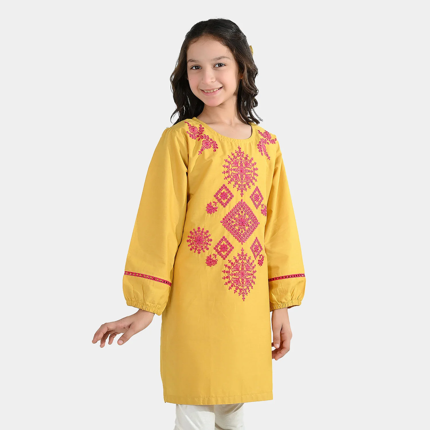 Girls Cotton Emb Kurti Nagma-Mustard - Image 4