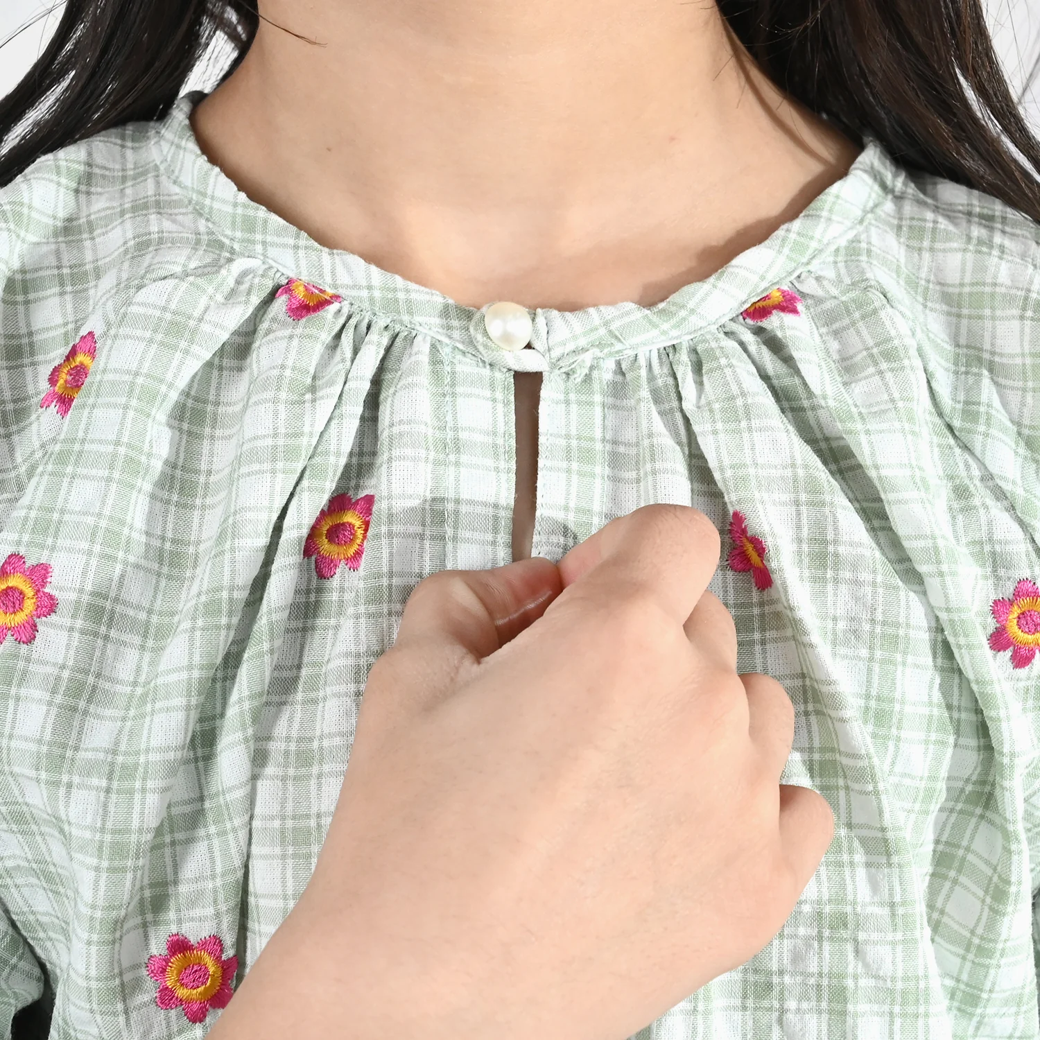Girls Cotton Embroidered Top (Checks) - Pista Green - Image 2