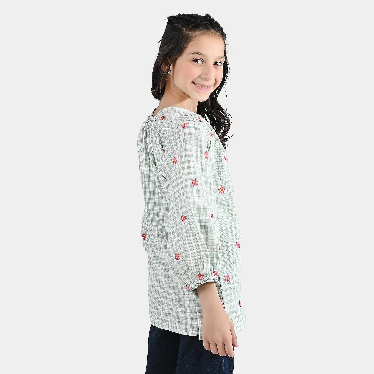 Girls Cotton Embroidered Top (Checks) - Pista Green - Image 5
