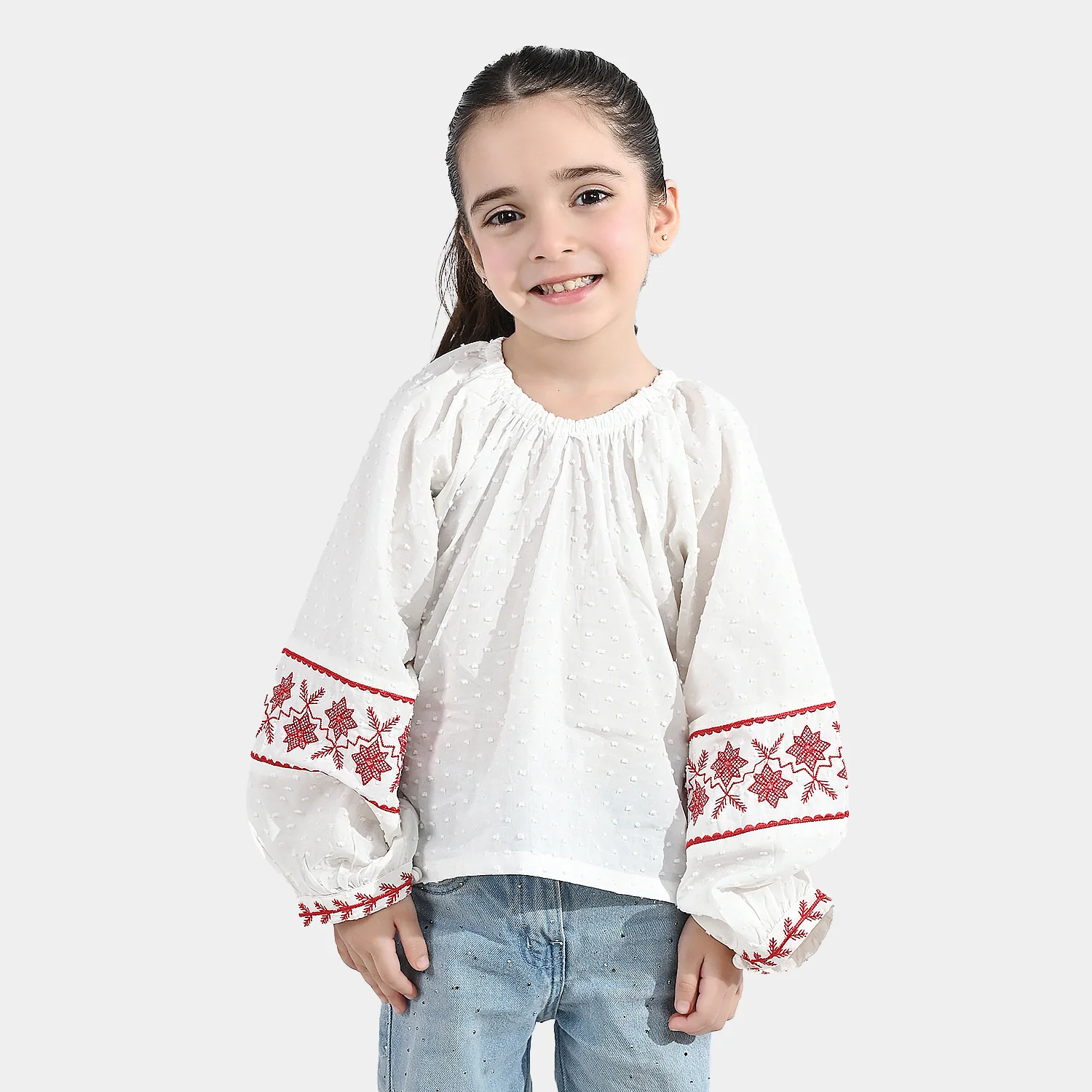 Girls Cotton Emb Top (Reddish) - White