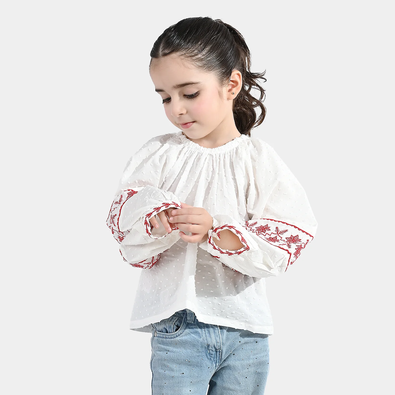 Girls Cotton Emb Top (Reddish) - White - Image 3
