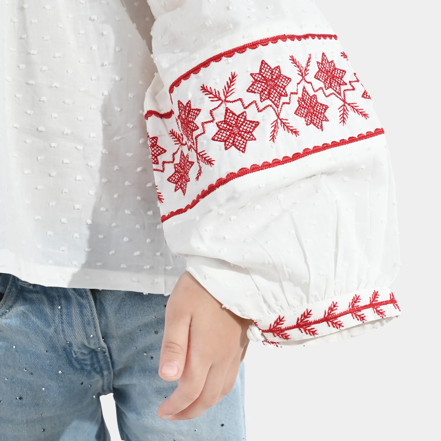 Girls Cotton Emb Top (Reddish) - White - Image 4