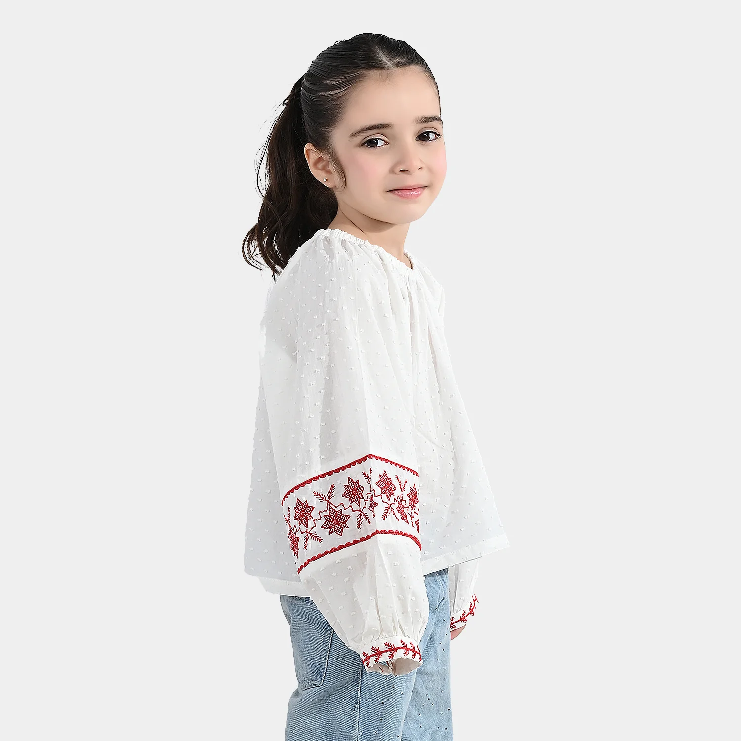 Girls Cotton Emb Top (Reddish) - White - Image 5