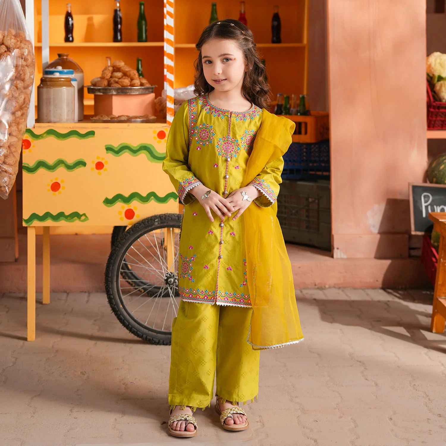 Girls Cotton Jacquard 3Pcs- Green