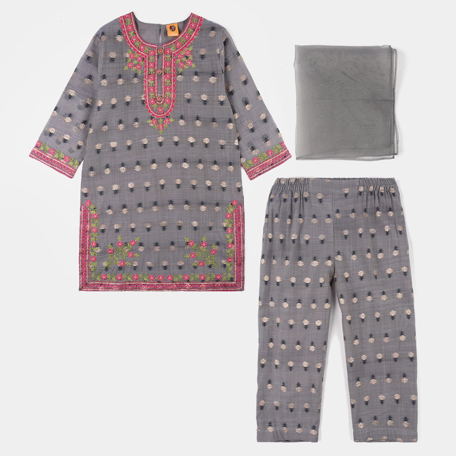 Girls Cotton Jacquard 3Piece Zari Zewar-GREY