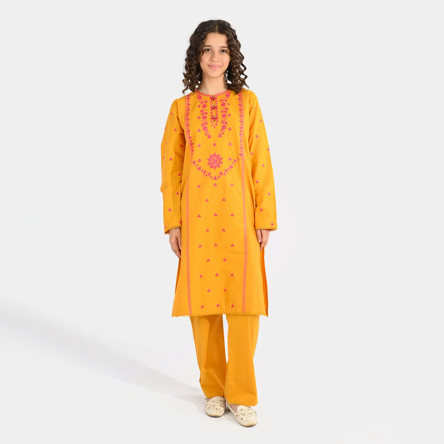 Girls Cotton Poplin Embroidered 2Pcs Yaad - Mustard - Image 3