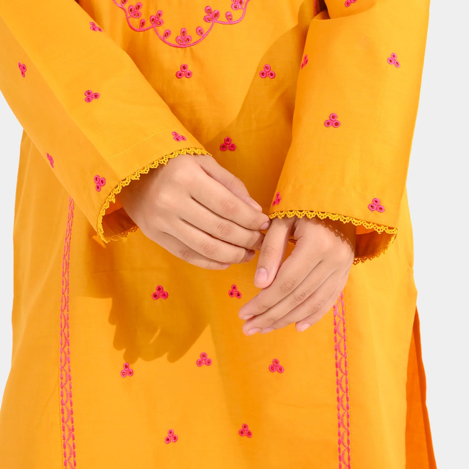 Girls Cotton Poplin Embroidered 2Pcs Yaad - Mustard - Image 4