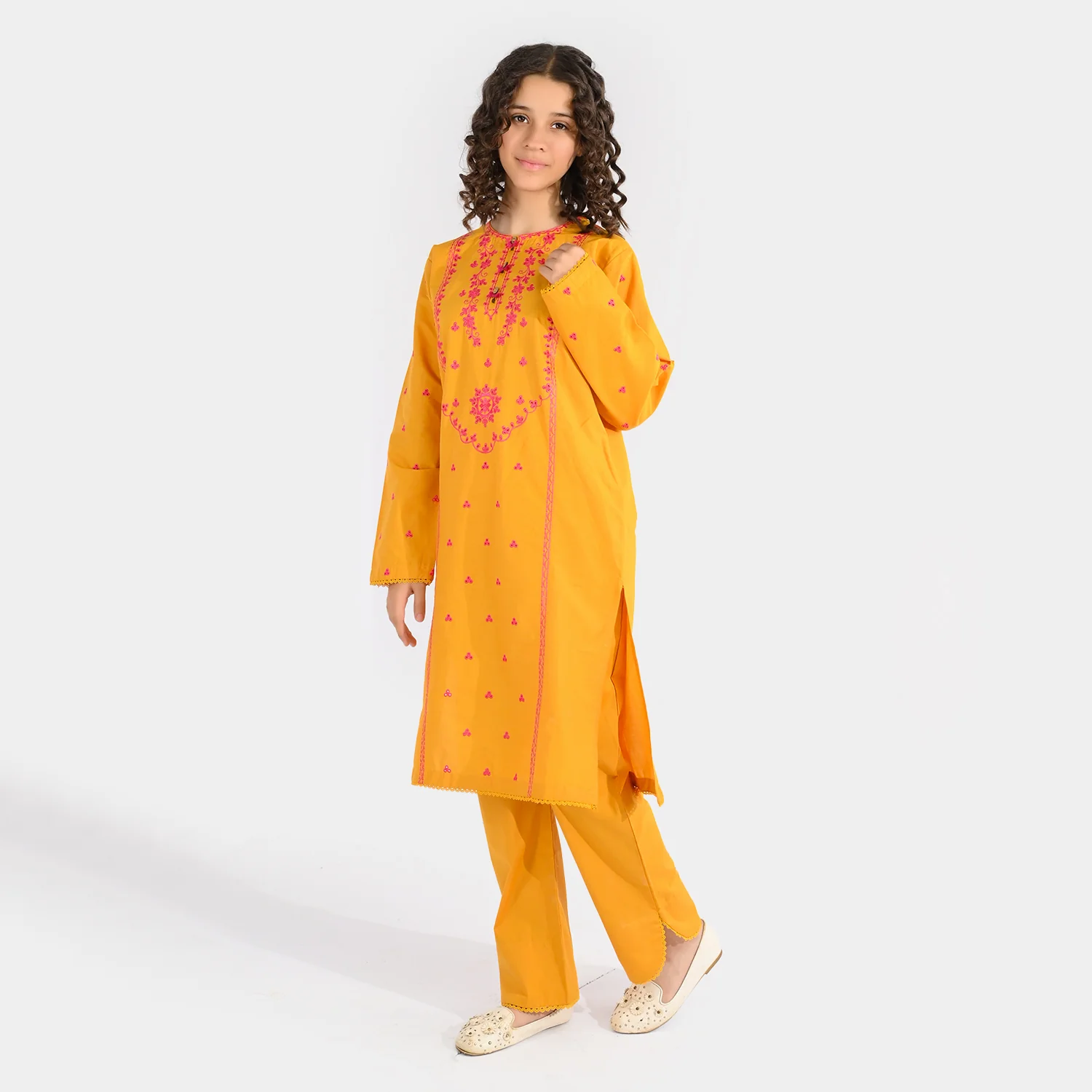 Girls Cotton Poplin Embroidered 2Pcs Yaad - Mustard - Image 5