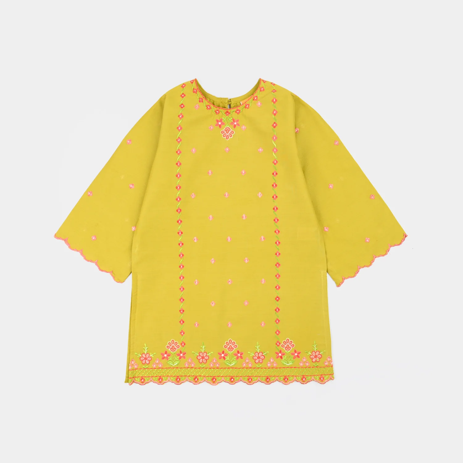 Girls Cotton Poplin Embroidered Kurti Dhani -Olive Green