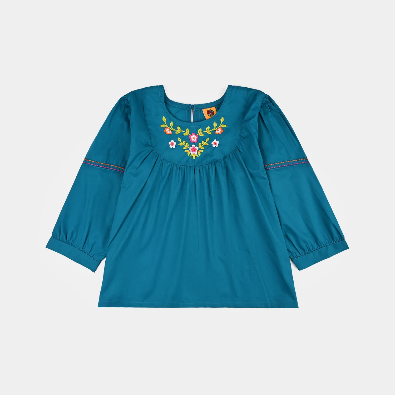 Girls Cotton Poplin Emb Top Teal