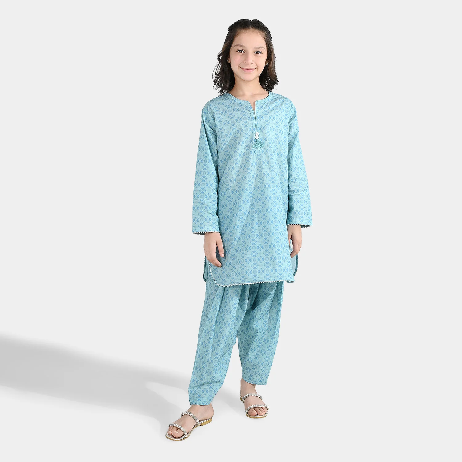 Girls Cotton Poplin Printed 2Piece Tie Dye-Blue
