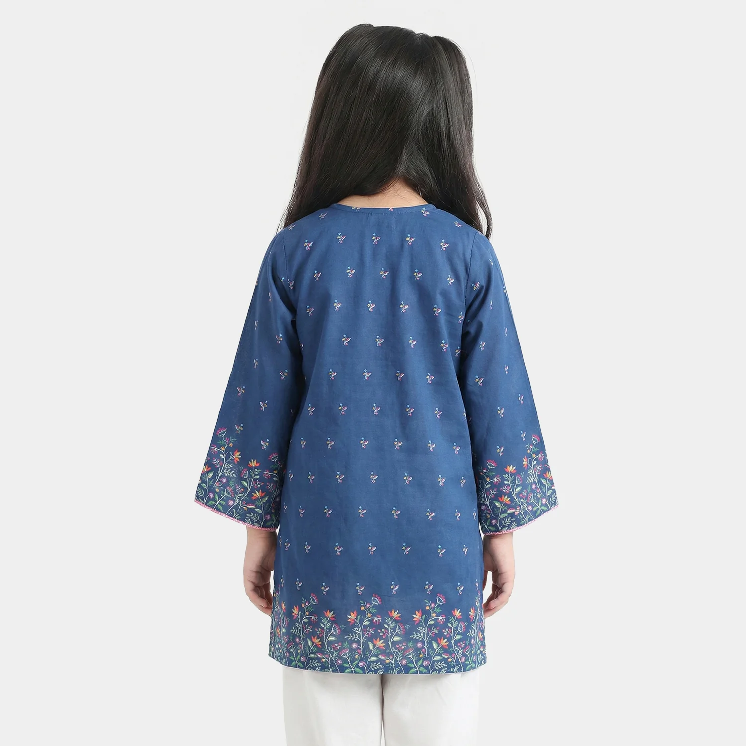 Girls Cotton Poplin Printed Floral Kurti - Blue - Image 3