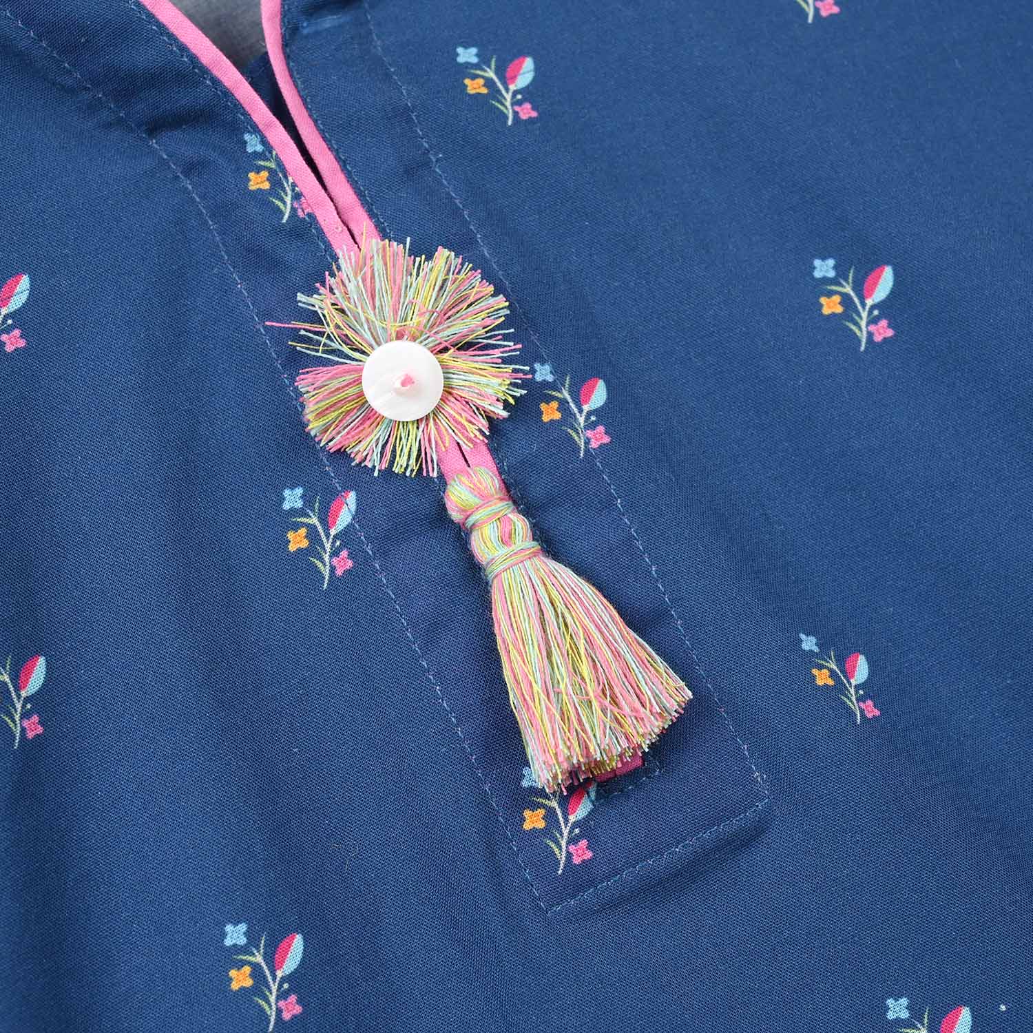 Girls Cotton Poplin Printed Floral Kurti - Blue - Image 5