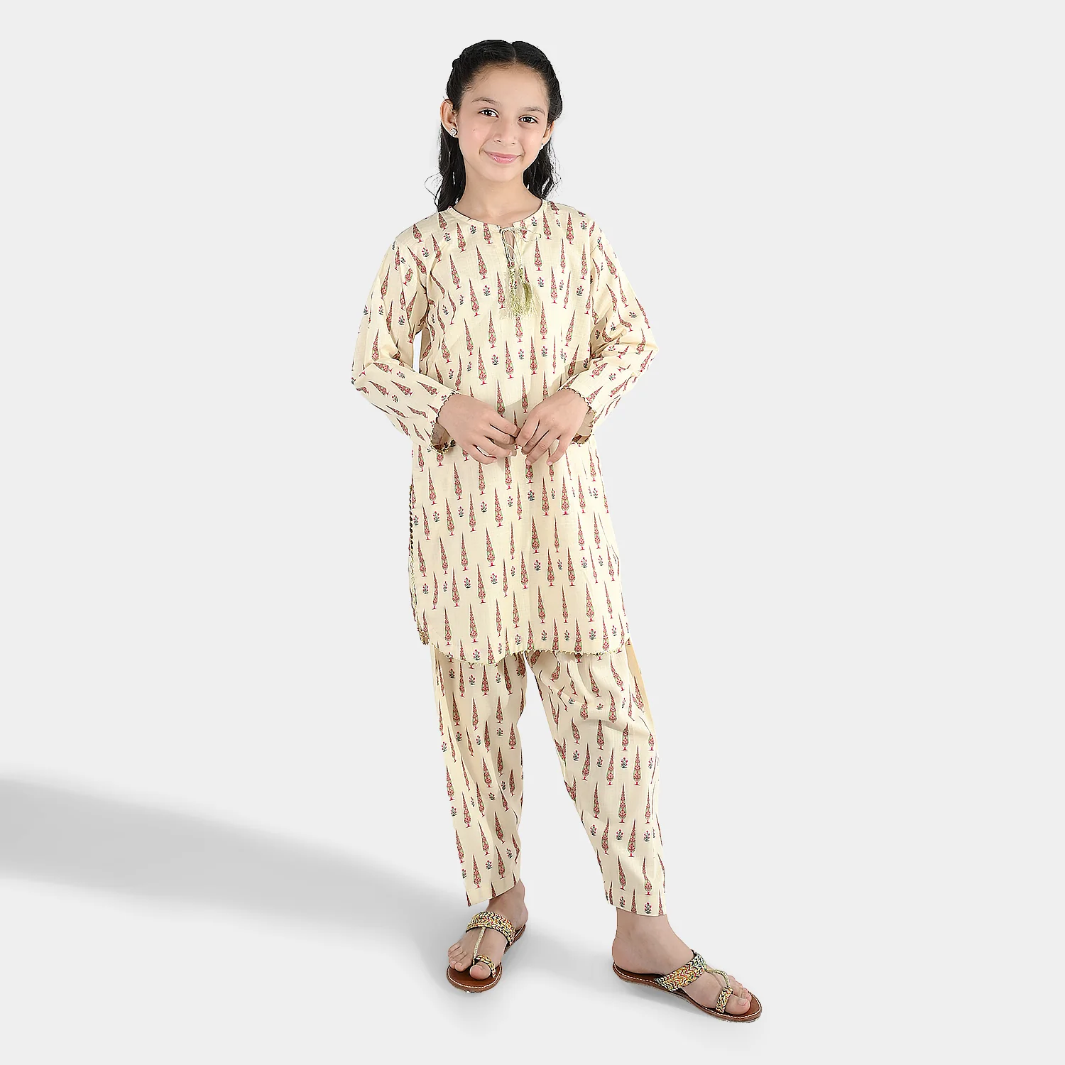 Girls Cotton Printed 2 Pcs-Cream
