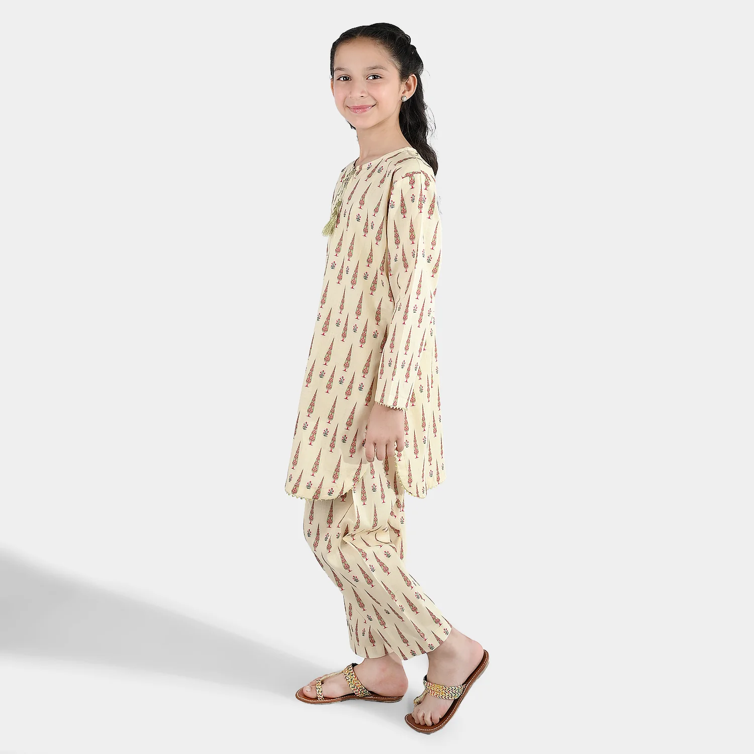 Girls Cotton Printed 2 Pcs-Cream - Image 2