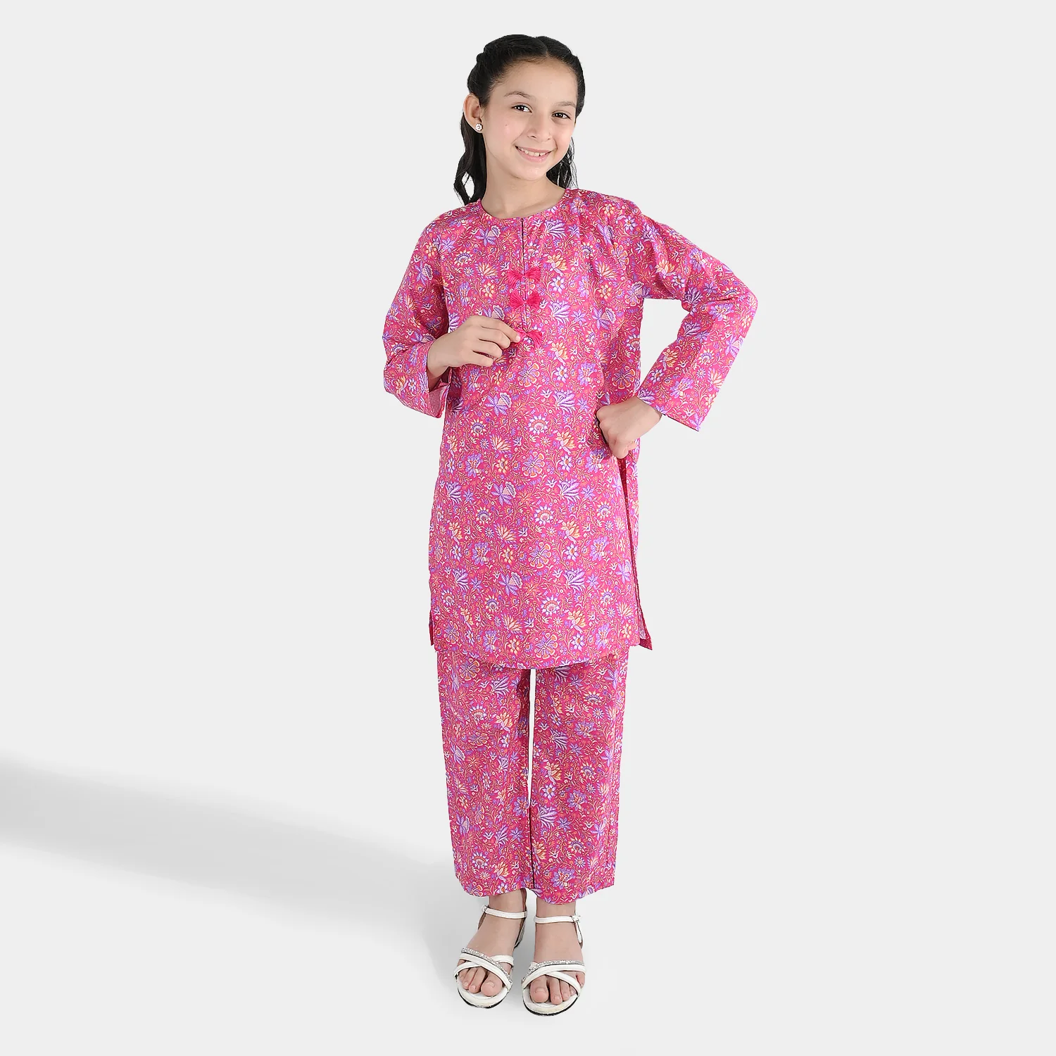 Girls Cotton Printed 2Pcs Floral-PINK - Image 3