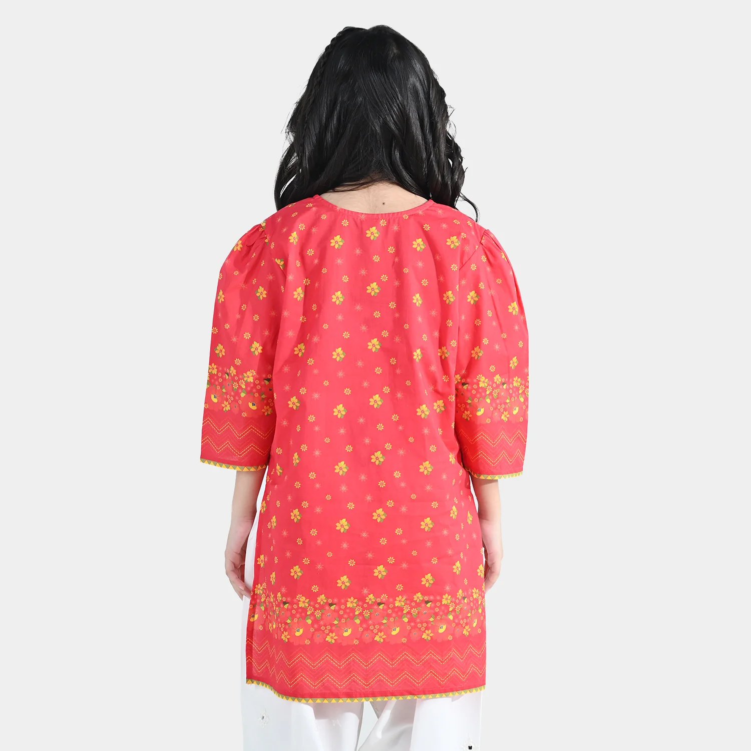 Girls Cotton Printed Kurti Dhanak - Red - Image 6