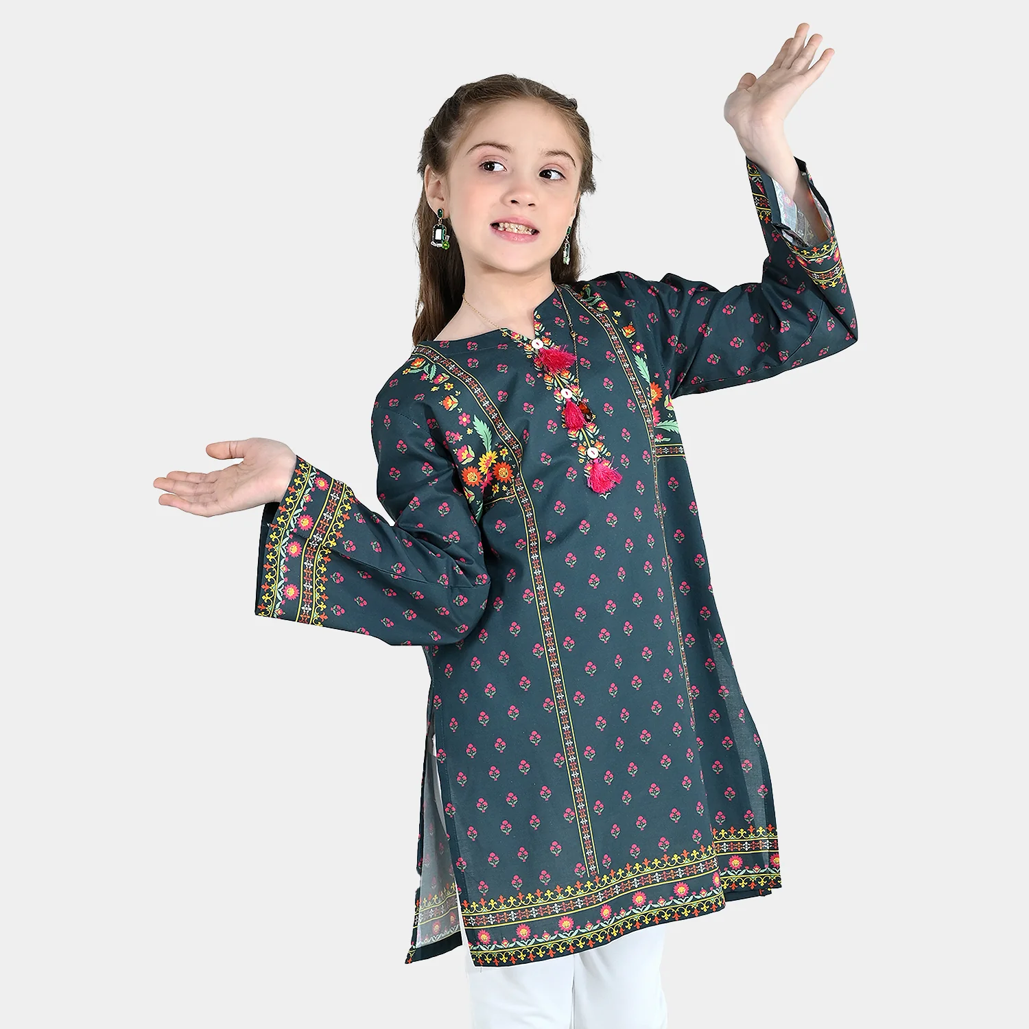 Girls Cotton Printed Kurti Eira - Teal Blue - Image 3