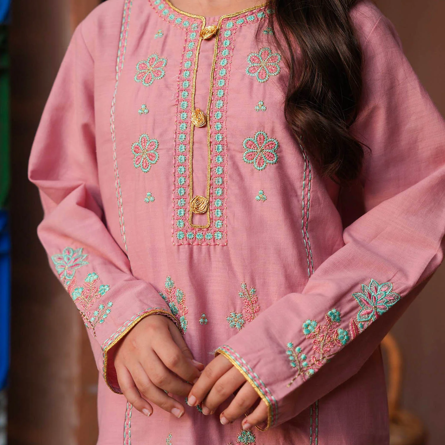 Girls Cotton Slub Emb 2Pcs Mina -Pink - Image 3