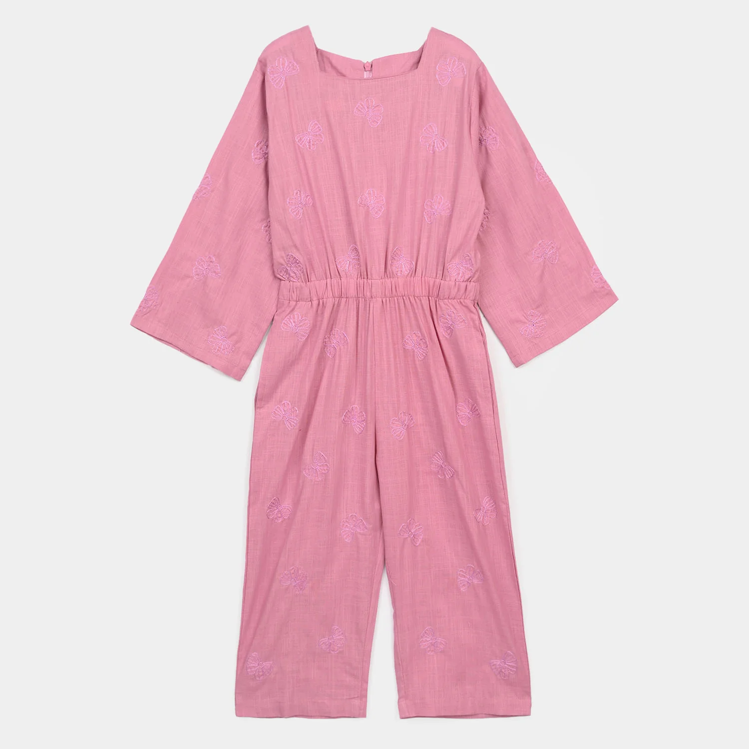 Girls Cotton Slub Embroidered  Jumpsuit (Butterfly) - Pink - Image 7