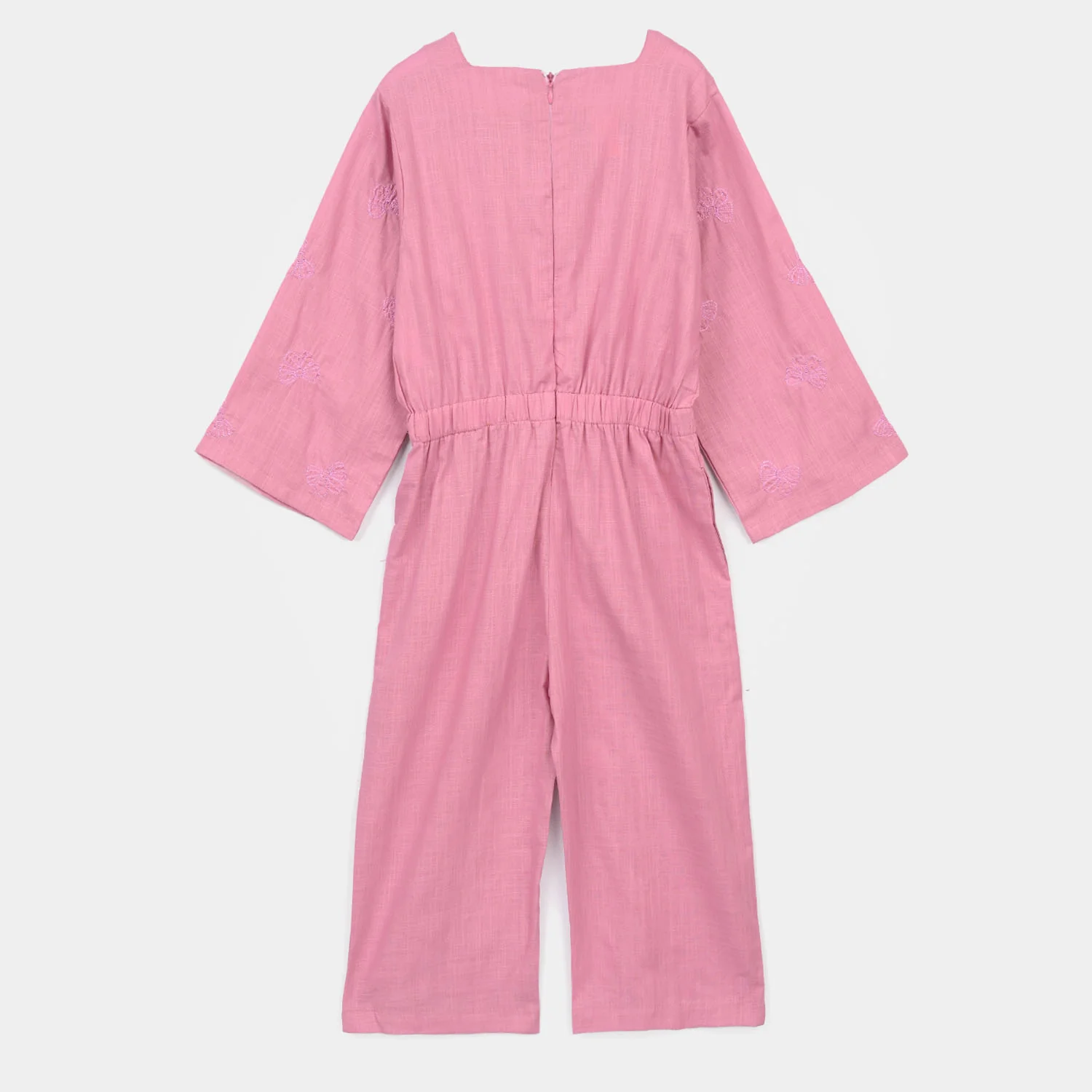 Girls Cotton Slub Embroidered  Jumpsuit (Butterfly) - Pink - Image 9