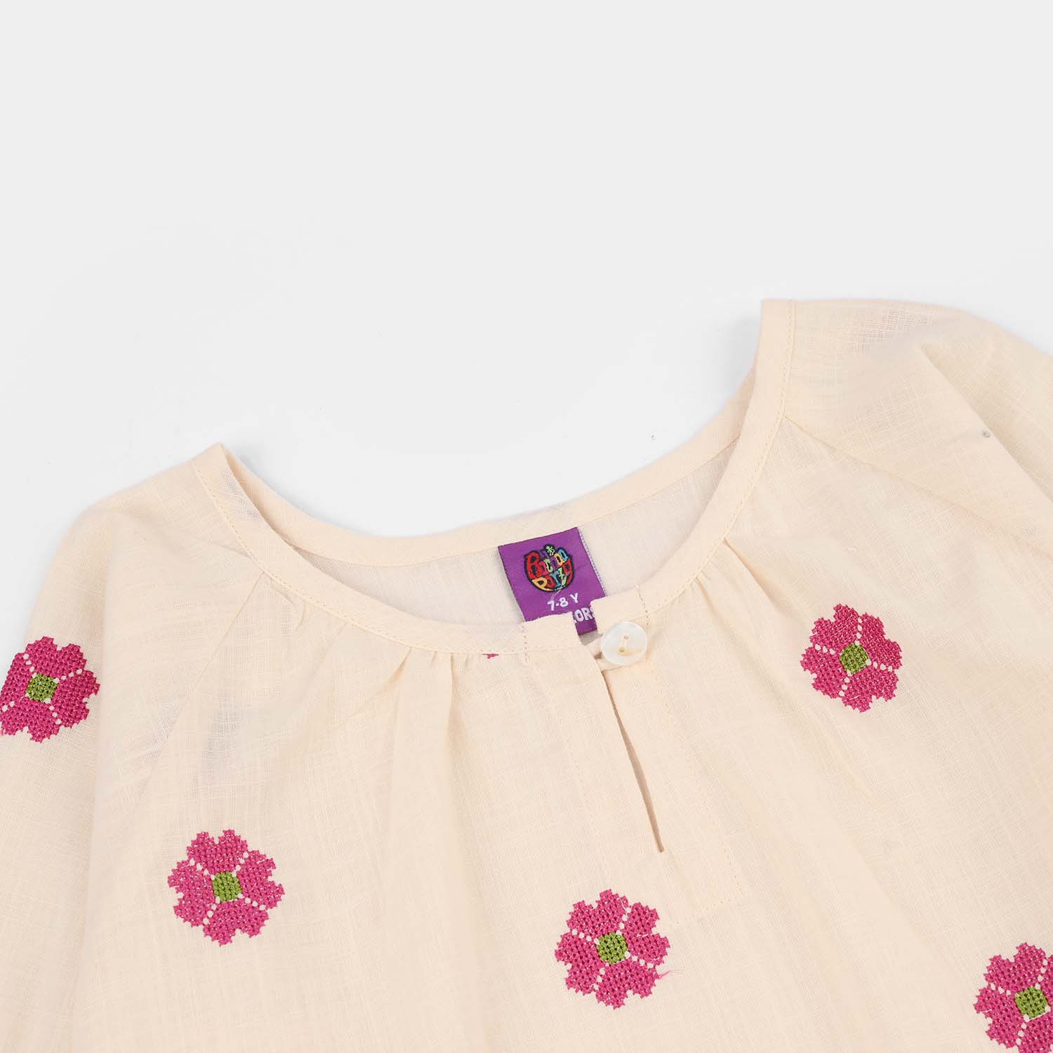 Girls Cotton Slub Embroidered Top (Criss Cross) - Ivory - Image 2