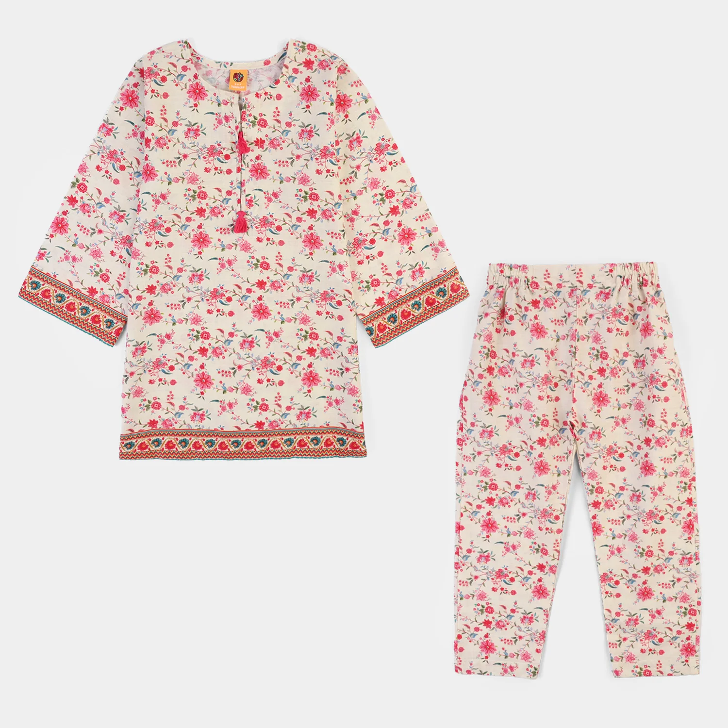 Girls Cotton Slub Printed 2Pcs Rose-Multi