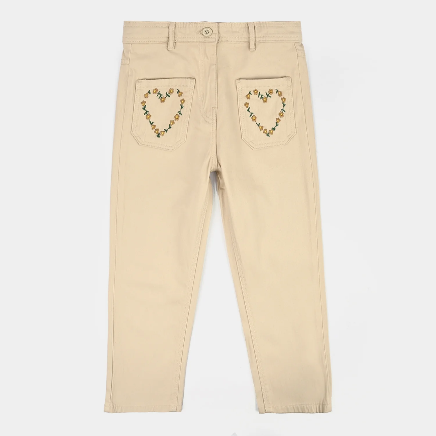 Girls Cotton Twill Pant Hearts-BEIGE