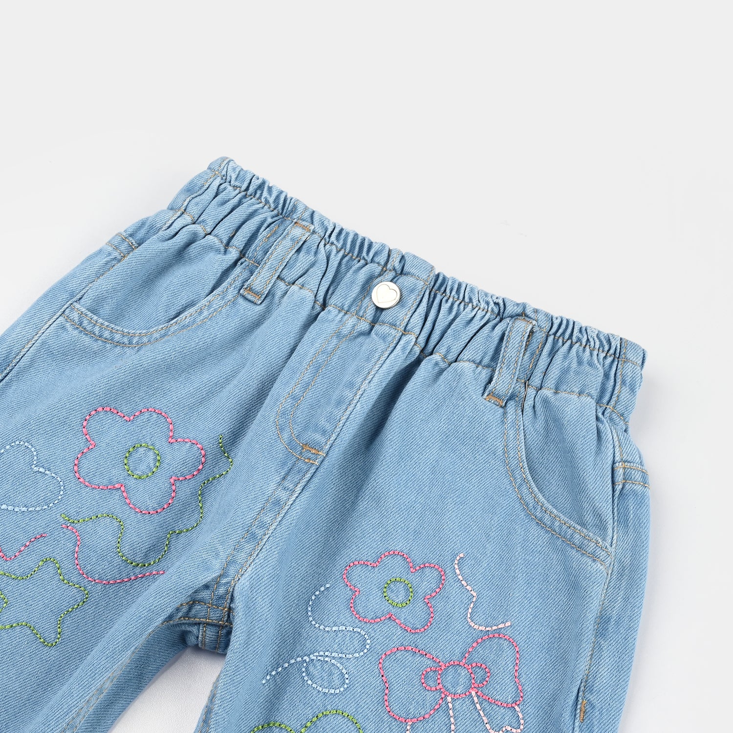 Girls Denim Rigid Shorts (Embroidered Flower) - Blue - Image 2