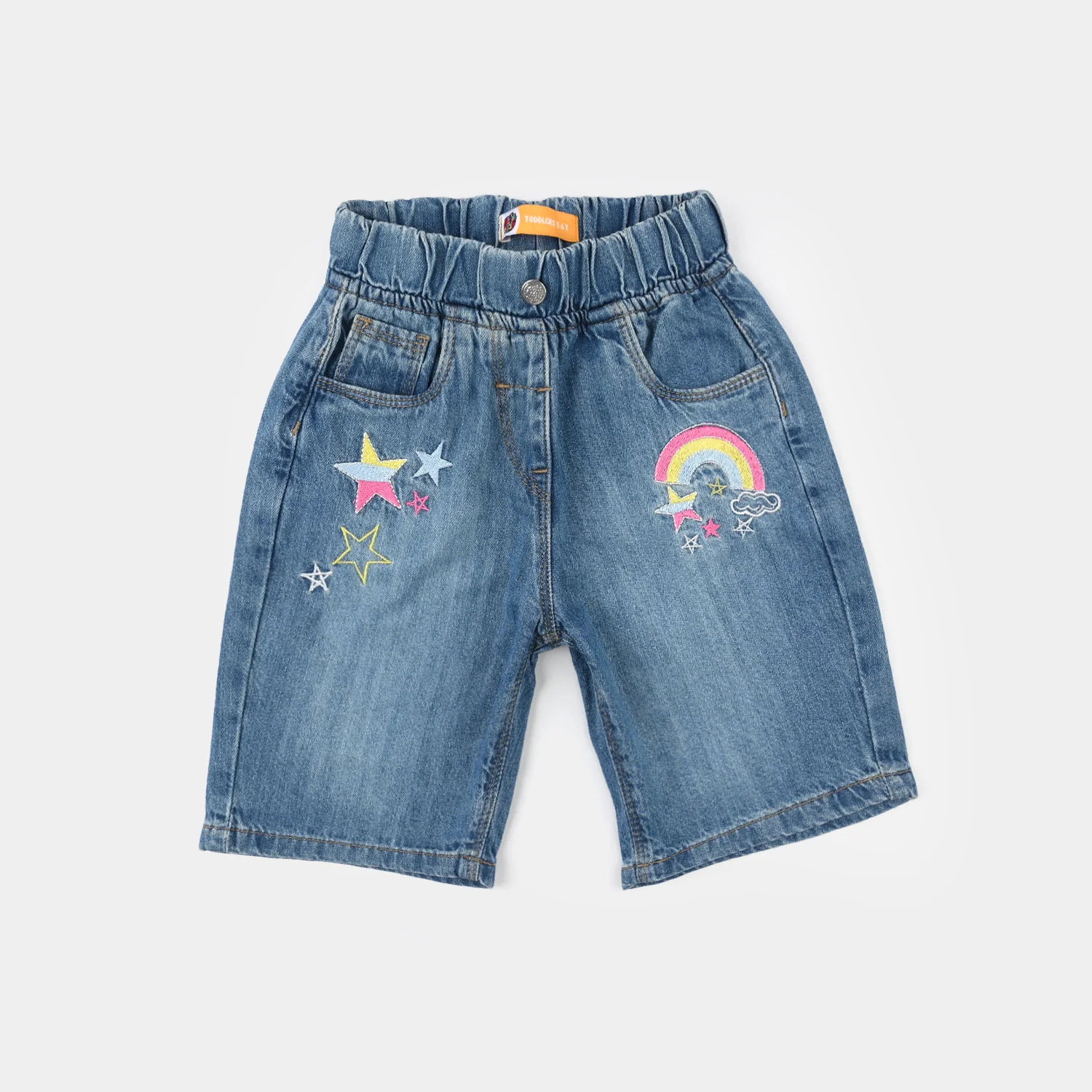 Girls Denim Rigid Shorts (Star) - Mid Blue
