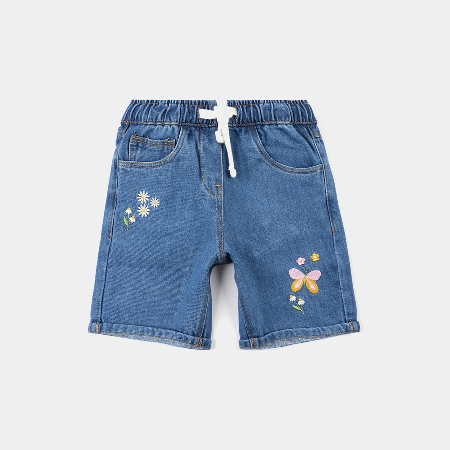 Girls Denim Rigid Shorts (Flowers) – Mid Blue