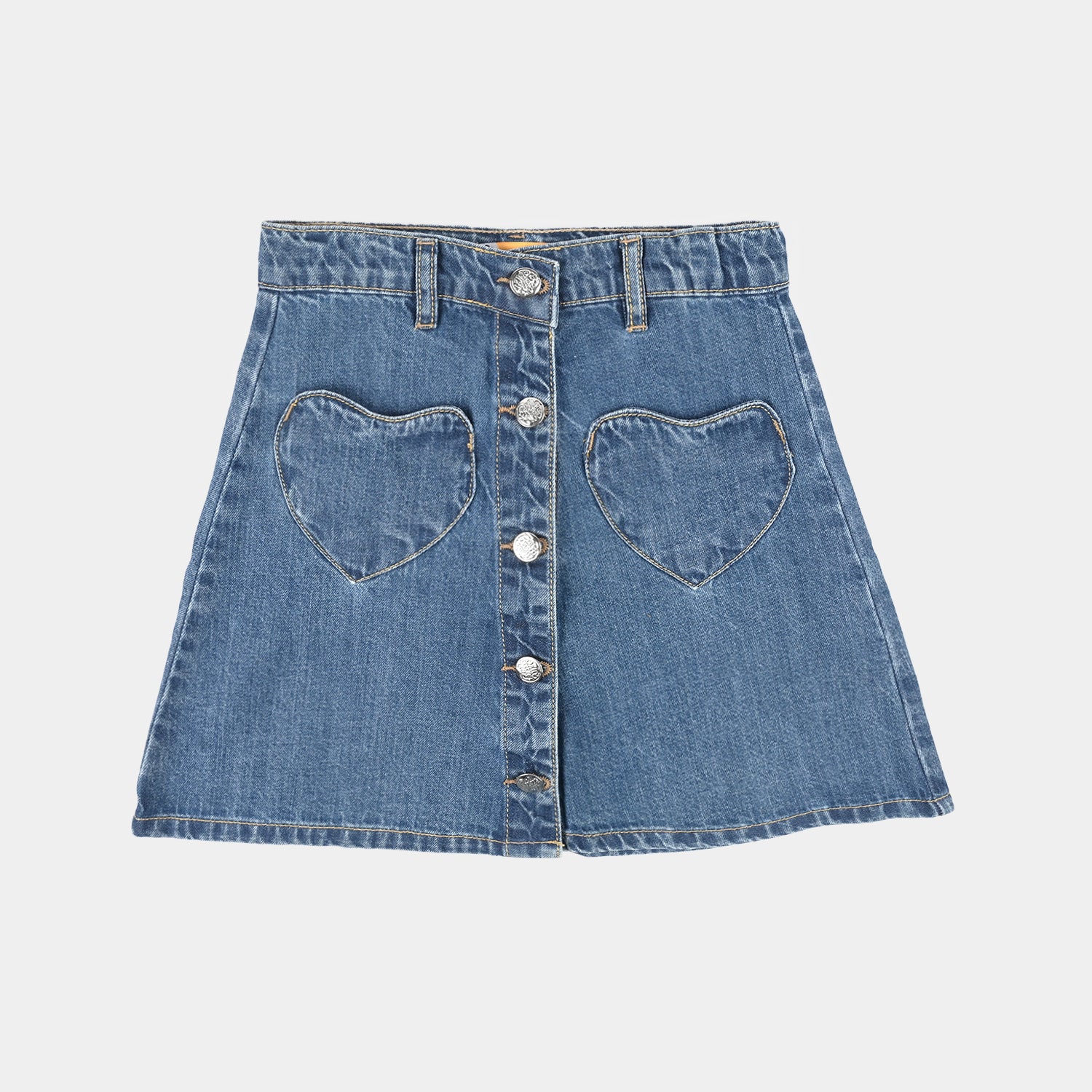 Girls Denim rigid Skirt Heart Patch-M.Blue