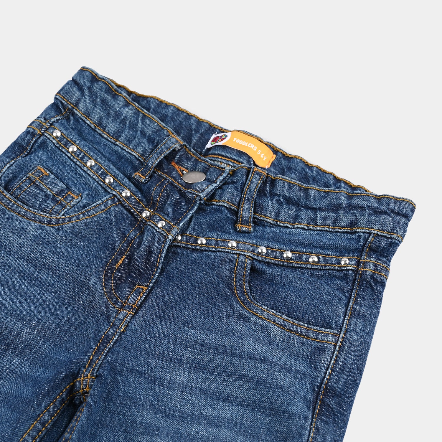 Girls Denim Stretch Pants Yoke Studs - Mid Blue - Image 2