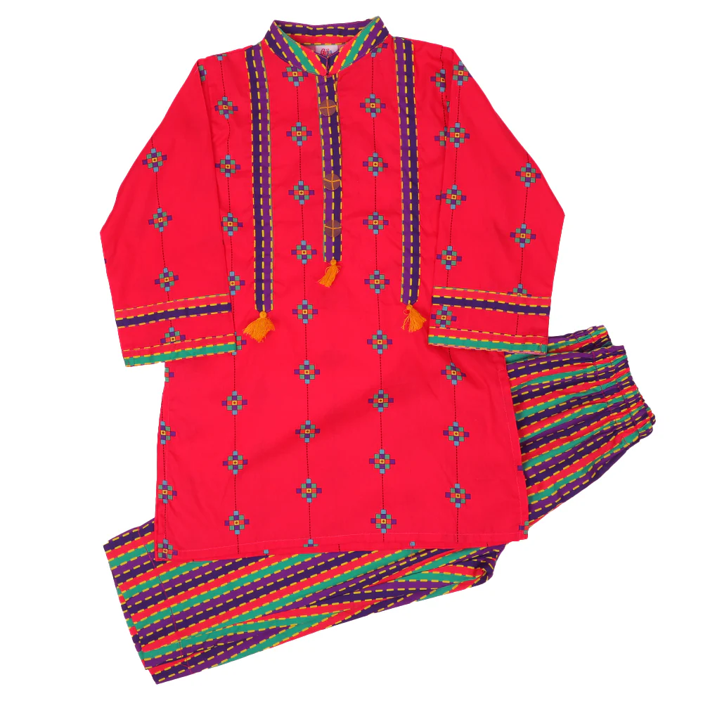 Girls Digital Print 2Pcs Kurti Pajama Delicacy - Magenta - Image 4