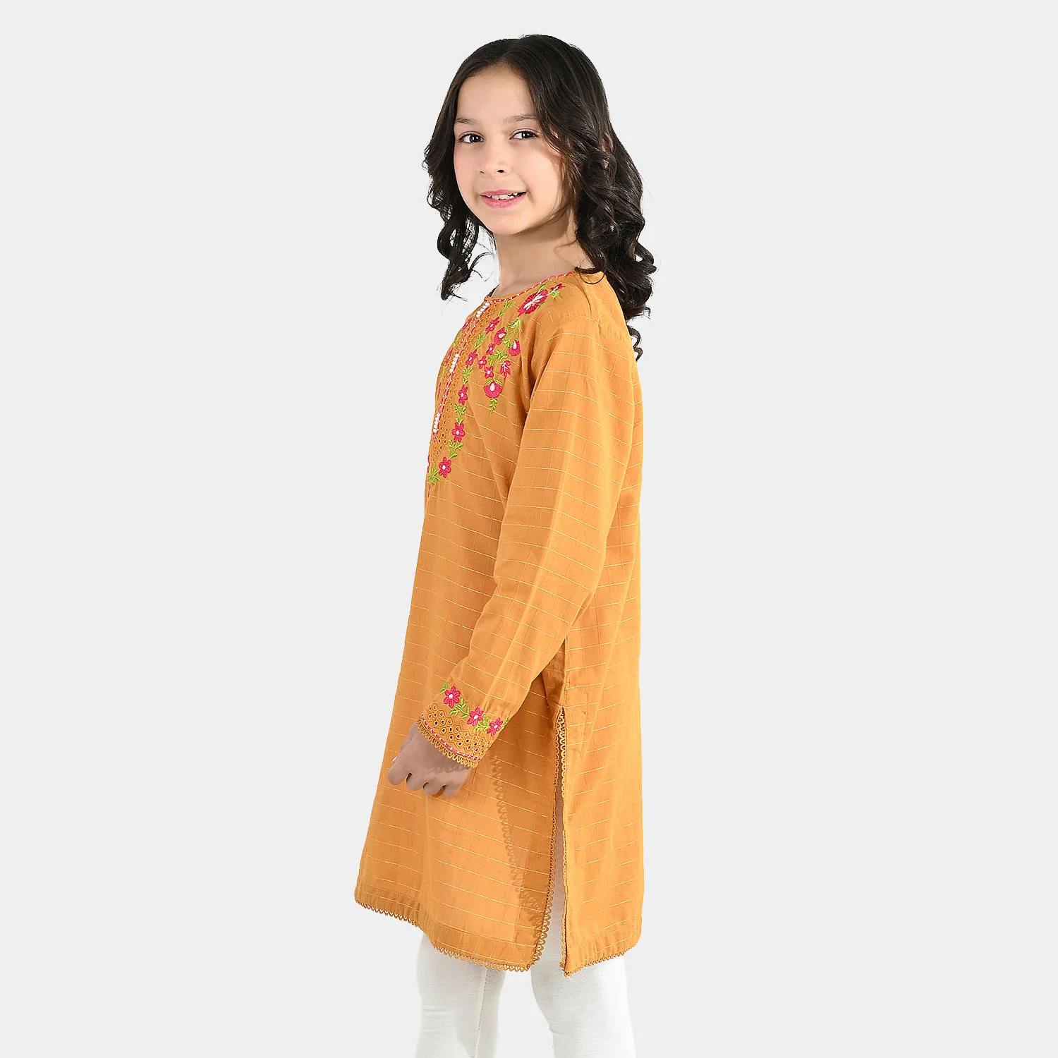 Girls Dobby Embroidered Kurti (Rabab) - Mustard - Image 4