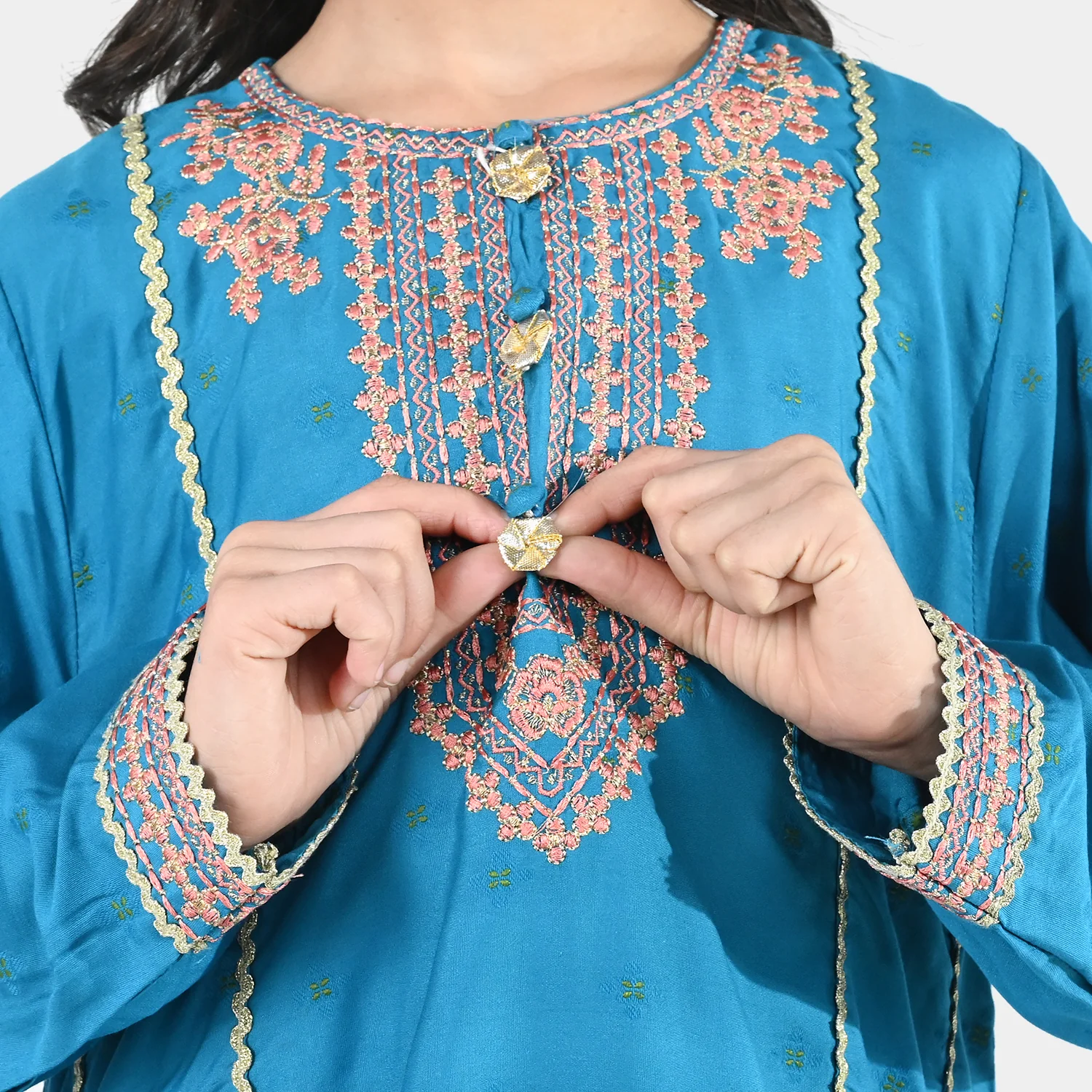 Girls Jacquard Embroidered Suit (Aabroo) - Teal/Blue - Image 4