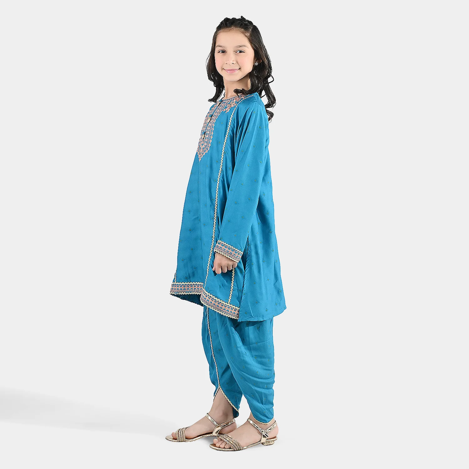 Girls Jacquard Embroidered Suit (Aabroo) - Teal/Blue - Image 6